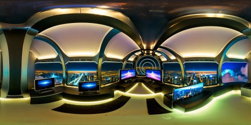 A flawlessly designed futuristic gaming sanctuary featuring LED-lit walls, sleek metallic surfaces, neon accents, high-resolution screens, immersive VR stations, state-of-the-art ergonomics, and a panoramic view of a digital cityscape at twilight.