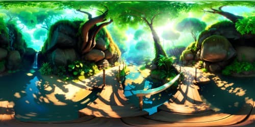 VR360 masterpiece, ultra high-res, sturdy wooden platform. Lush tropical rainforest, vibrant flora, sinuous river. Azure sky, gentle clouds occupying the above, noon sunshine. Style – vivid, Pixar-like.