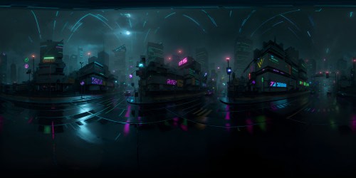 Ultra high-res VR360, neon-infused cityscape, towering holographic billboards, rain-soaked streets reflecting vibrant lights. Futuristic skyscrapers, glowing cybernetic structures, vast star-studded skies. Cyberpunk masterpiece, edgy, glossy photorealistic textures, VR360 visual feast of dystopian elegance.