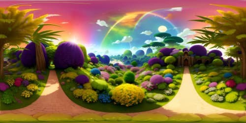 VR360 botanical panorama, Ultra-HD, meticulous attention to detail. Rainbow spectrum of blooms, high above, vast floral spectacle. Minimalist foreground, focus on lush, extravagant flora. Realism meets whimsy, vibrant color palette intensified for VR360 enchantment.