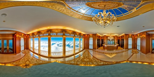 A luxurious hotel lobby shimmers with intricate gold and gemstone details, reflecting opulent chandeliers in ultra high resolution.