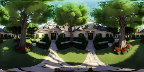 Luxurious mansion, architecturally complex, towering amidst ancient trees. Ultra high res VR360 perspective, light dancing off mirrored surfaces, echoing Picasso-style cubism. VR360 panorama, illuminated cobblestone path, hint of fantasy art, night sky, sprinkling of stars.