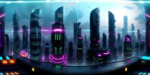 VR360 view, cyberpunk cityscape, neon-lit skyscrapers, digital billboards, radiant holographic adverts, stylized after Cyberpunk 2077, intricate detailing, ultra high-resolution, masterpiece quality.