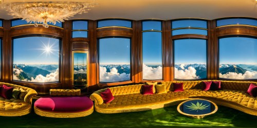 An opulent, luxurious smoking room with shimmering crystal chandeliers, plush velvet couches, floor-to-ceiling windows overlooking a panoramic mountain range at golden hour, enveloped in a warm, ethereal glow, high resolution, a cannabis connoisseur's dream.