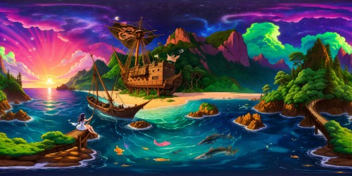 An enchanting, ultra-high resolution fantasy seascape at night, where a seductive mermaid emerges from the azure depths amidst a dazzling display of the aurora borealis, pirate ship silhouetted against the mesmerizing sky, intricate jungle foliage adding to the immersive, mature atmosphere.