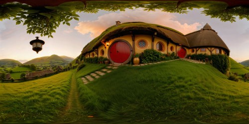 An immaculate, flawless hobbit village nestled within rolling green hills, colorful round doors, warm flickering lanterns, intricate thatched roofs, smoke gently rising from quaint chimneys, a flawless ultra-high-resolution landscape scene.