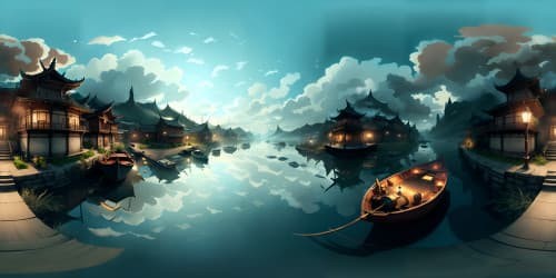 VR360 view, tranquil river, solitary boat drifting, enveloped by misty clouds, high-resolution Chinese ink style, frozen masterpiece, classical traditional essence. VR360 panorama, ultra-high definition, utmost quality, subtle blend of modern and ancient, indistinct boat, spectral serene river.