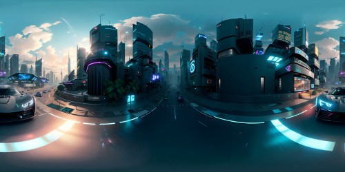 Ultra high-res VR360 masterpiece scene: glistening future car, subtle reflections, hyper-realistic surface details. Futuristic cityscape panorama, neon-saturated skyline, sweeping holographic billboards. Picasso-esque style, geometric vibrancy, blend of vivid colors. VR360 thrilling speed sensation.