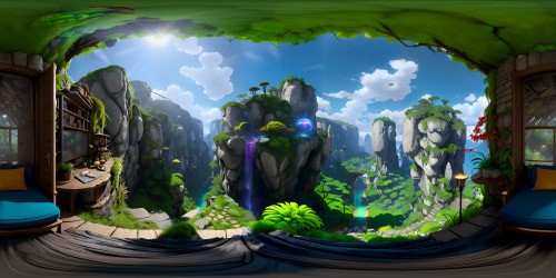 Ultra-HD masterpiece, VR360 fantasy art style, towering, sublime rock formations. Moss-covered grotto walls, depth, texture, crystal clear VR360 view of lush forest terrain. Enhanced quality, depth, and texture, high-resolution backdrop, expansive, immersive environment. Enchanting, vivid forest foliage.