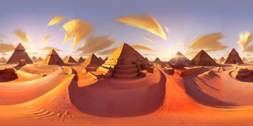 Ultra high-resolution VR360, Egyptian Pyramids grandeur, precision light-shadow dynamics, meticulously detailed hieroglyphs. Majestic sphinx anchoring foreground, bathed in ethereal sunset hues. VR360 Pixar-style visual symphony, rich textures, golden twilight sky. Masterpiece quality, a spectacle of ancient mystery.