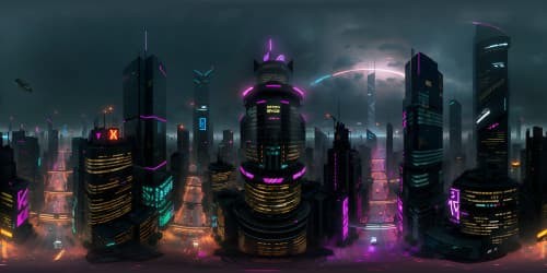 VR360 view, ultra-high resolution, towering cyberpunk cityscape, neon-lit skyscrapers, game-inspired aesthetics. Detailed architectural masterpieces, reflecting surfaces, animated holographic billboards. Cyberpunk style, digital painting.