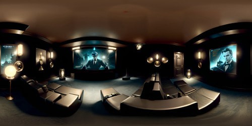 Dark cinema theater, VR360. Art-deco detailing, velvet draped walls, backlit posters. Centerpiece massive screen, black & white, silent-era films. Vintage chandeliers, twinkling light effects, ultra high-res. Masterpiece VR360, Pixar-style visual rendering.