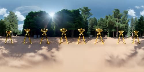 five female teachers wearing pink leotards_they have golden wings_the women have gold halos over their heads_one woman has blue eyes_two of the women are blonde_they are squatting_spread_arms above their heads