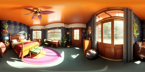 1970s bedroom masterpiece, substantial tube TV, psychedelic posters, rotary phone within VR360 view. Teak furniture pieces, striking avocado shag carpet, retro wallpaper patterns. Bead-curtain doorways, essential lava lamp, meticulous Pixar-style detailing. Ultra high-res VR360 vintage charm, vibrant color saturation, nostalgia-filled scene. Top-notch quality, 70s-inspired VR360