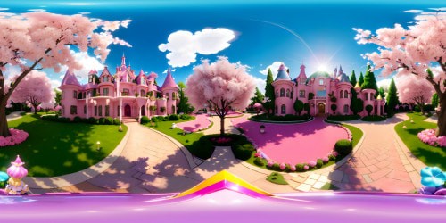 Barbie Land ultra high-res VR360, powdery pink mansion, sparkling rhinestone walkways. Frilly parasols, blossoming cherry trees, bubblegum clouds. Whimsical, dreamy unicorn topiaries, heart-shaped hedges. Cotton candy-inspired flowerbeds, iridescent rainbow, prismatic sunshine. VR360 view, chic, femininely playful Pixar style.