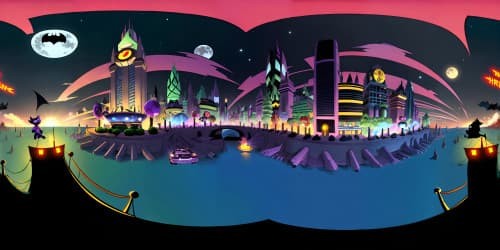 Masterpiece quality, Ultra HD detail, Gotham City's mood under moonlight, Batman's silhouette hailed by searchlights, Bat-signal mirror reflections on skyscrapers, VR360 perspective from Bat-cave, sleek Batmobile parked, in Pixar-style rendering.