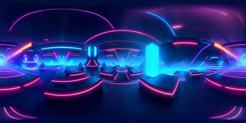 Ultra-high quality, VR360 masterpiece. Beat Saber world, glowing neon trails, floating geometric shapes. Reflective, polished surfaces, dynamic laser show. Array, vibrant, contrasting colors. Crisp lines, VR360 digital art style. Futuristic, immersive gaming environment.