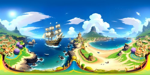 Grand Line's journey, Thousand Sunny, One Piece style, brightly colored, humorous yet intricate detail. VR360 perspective from figurehead. Sunny's ship deck, vibrant sails, lively orange and yellow, Galleon details. VR360 sweep to expansive, sparkling, blue ocean. Anime-style rendering, ultra-high resolution, masterpiece quality.