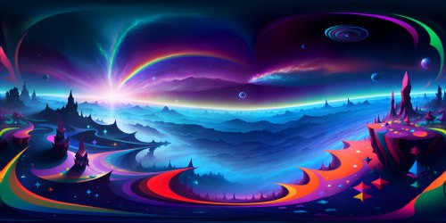 VR360 ultra high-res surrealism style, space-themed, rainbow vomit from ethereal dogs. Multicolored nebulas formed, rainbow trails across inky cosmos. Surreal canine figures in cosmic rendition, intricate celestial bodies, sparkling stars. VR360 masterpiece of surreal space scene.