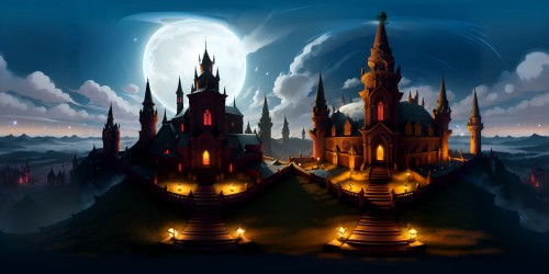 VR360 scene, baroque vampire castle, soaring spires, moonlit stonework. Crimson-dressed vampire, opulent, solitary, draped over throne. Anime style, high-detail, masterpiece quality. Dominant red palette, contrasting shadows, VR360 view, gothic ambiance.