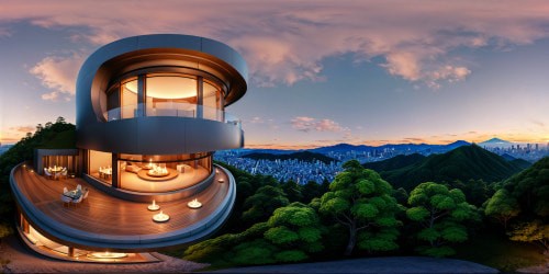 view from the balcony of an ultra futuristic Edo-modern inspired home on a densely forested hill of Japan, at dusk. other ultra futuristic luxury Edo-modern homes can be seen nestled among the hills in the foreground and in the distace, the warm light from the glowing like candles. Tranquil, uplifting atmostphere.