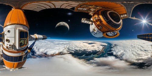 An exquisite, meticulously detailed scene showcasing an advanced space station orbiting the moon, a sleek single-person spaceship with a pilot departing, brilliant stars twinkling in the vast, velvety universe, a seamless blend of futuristic technology against the moon's serene, cratered surface.