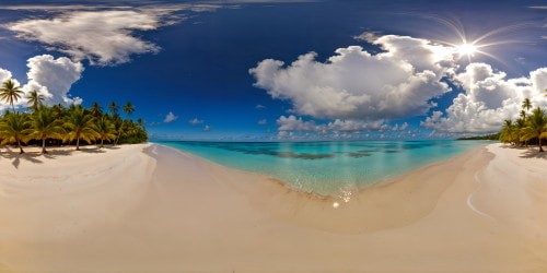 Sun-kissed paradise scenario with a glistening, radiant sun hanging above a flawless white sandy shore, where crystal-clear azure waters lap gently, pristine palm trees sway melodiously, and elegant sunbathers bask in fashionable repose under the flawless sky.