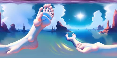 VR360 vantage point: beneath giant's bare feet, ultra high-res textures. Masterful watercolor style, dreamy soft pastels for skin tones. Expansive sky view, glimpses through toes. Focus on soles of feet  detailing, amidst elegant cloudscape.