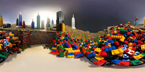 Lego city panorama, multitude of vibrant blocks, sculpted skyscrapers touch sky. Mid-construction miniature marvels, scattered studded bricks, multi-colored patterns. VR360 impressionist style, signature grooved textures, sleek plastic sheen. Hyper-real detailing, VR360 Bosch-like complexity, grand Lego visual feast.