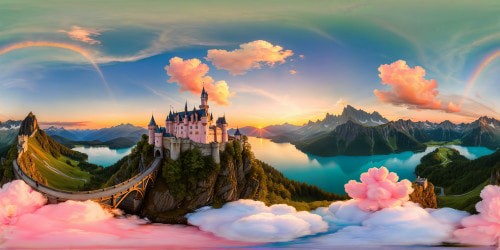A magical fairytale realm unfolds with towering castles nestled among misty mountains, shimmering lakes reflecting the pastel hues of a cotton candy sunset, while graceful dragons soar overhead, adding a sense of wonder and mystery to the enchanted landscape.