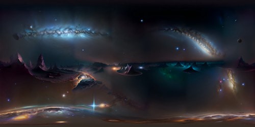 VR360 panorama of celestial bodies, ultra-high res detailing. Masterpiece quality, Milky Way galaxy backdrop, planets in stunning realism. Diverse terrains, reflective surfaces. Comet trails, nebulae clusters, starburst effects. VR360 vista in hyper-realistic style.