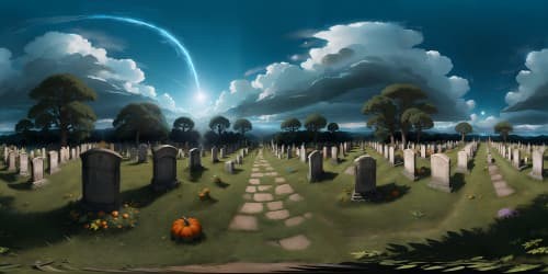 Masterpiece, ultra-high resolution, foreboding VR360 necropolis panorama. Decrepit tombstones scattered, looming crypts bathed in obscurity, ethereal VR360 fog veiling horizon. Skyview, from hillside perch, pumpkins aglow with spectral luminescence.