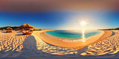 An idyllic, flawless beachscape captured in ultra-high res, featuring golden sands, crystal-clear azure waters, colorful umbrellas, and an unspoiled horizon under a perfect cloudless sky.