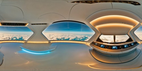 Within the sleek and futuristic interior of the spaceship from Star Trek: Picard, immaculate white and metallic surfaces gleam under soft ambient lighting, reflecting flawless echoes, ethereal and grand in detailed perfection.