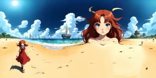 red haired memaid from hell on the beach with UFO mothership overhead anime