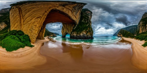 A flawless, ultra-high-resolution depiction of a stormy beach near cliffs, with verdant vegetation, rain-soaked sands, and dramatic coastal cliffs looming overhead.