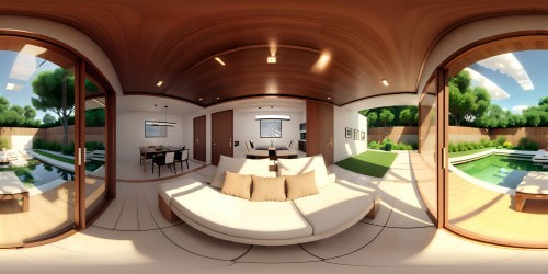 Zen-inspired VR360 haven, minimalist wood and stone elements, tranquil water feature, floating lanterns. Proportions of an intimate yet expansive space, warm muted colors in Pixar-style. Meditation cushions with intricate patterns, VR360 view of the cloudless cerulean sky through a transparent ceiling.