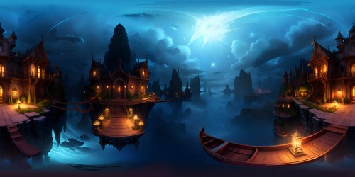 Masterpiece style, ultra-high res, VR360 marine panorama, soaring fish shapes, translucent boat, water surface mirroring sky, shoals of fish in saturated colors, beneath boat, VR360 view of water-meets-sky.