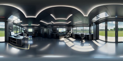 Ultra high-res VR360 panorama, Pixar-style elegance, advanced tech garage. Iron Man suits on sleek pedestals, holographic blueprint projections, VR360 precision. Tony Stark's lab, ultra-modern masterpiece, high-contrast lighting, bold Pixar-infused palette. Advanced quality, tech-infused detailing, virtual reality masterpiece.