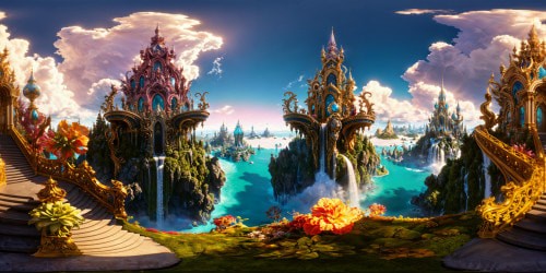 Breathtaking fantasy world with towering crystal spires, cascading waterfalls, swirling iridescent skies, lush floating islands, and intricately detailed mythical creatures, rendered in flawless ultra-HD resolution.