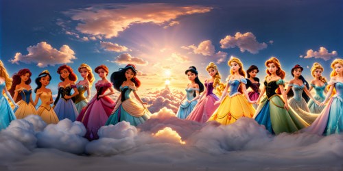 A magical, enchanting scene featuring Disney princesses gathered in a radiant circle, showcasing intricate costumes and detailed cleavage, radiant under soft cinematic lighting, intricate embellishments, and richly detailed texture in each princess's attire.