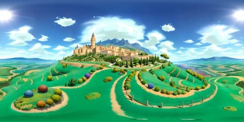 Spanish landscape, stone castles on steep hills, terracotta rooftops, olive groves, VR360 panoramic high-res masterpiece, vibrant colors. Style: impressionistic digital painting, fluid forms, bold brush-strokes, sun-bathed tones, capturing the beauty of Spain in VR360.