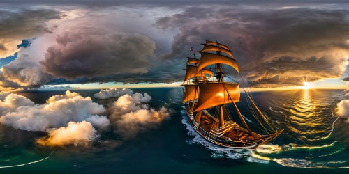 Two majestic galleons clash under a brooding, ultra high-res cloudy sky above a tumultuous sea, their billowing sails catching the ominous light of the impending storm.