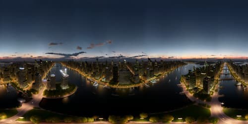 Ultra high res VR360 view, mesmerizing night scene, New York City skyline masterpiece, Central Park, Riverside, illuminated structures, twinkling city lights. Diverse skyscraper design, Central Park's lush greenery in moonlight, calm riverside vista. VR360, Pixar-style animation, detailed, refined strokes.