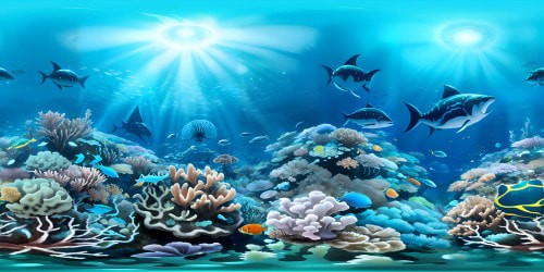 Ultra high res masterpiece, vibrant coral reef, glimmering shoals of fish, aquatic haven. Pulsating bioluminescent flora, luminescent anemones. Mysterious, sunken ruins in distance. VR360 view, infinite ocean blues, sparkling sea floor. Rich PIXIAR-style, colour gradients, smoothly transitioning hues in VR360 perspective.