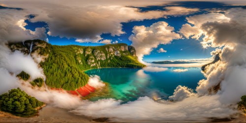 A flawless, ultra-high-resolution portrayal of a pristine lake embraced by verdant foliage, adorned with fluffy white clouds mirrored in the tranquil waters, a flock of birds gracefully soaring through the serene azure sky, a true digital masterpiece in stunning detail and perfection.