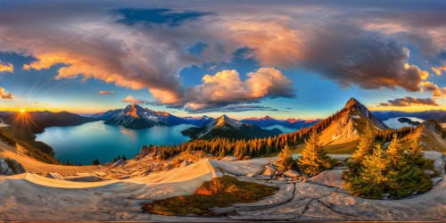 A flawless, ultra-high resolution view of a vast, untouched landscape, featuring mesmerizing vistas of majestic mountains, crystalline lakes, lush forests, and a radiant sunset casting a golden hue over the scene.