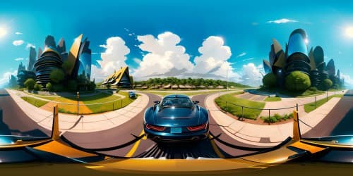 Ultra HD, masterpiece quality, array of glossy, high-end cars, shining under a crystal-clear sky. VR360 perspective of gleaming, reflective rooftops, vibrant car paint, detailed interiors through windshield. Sky domineering, car detailing minimal but impactful. VR360 vantage, Pixar-style.