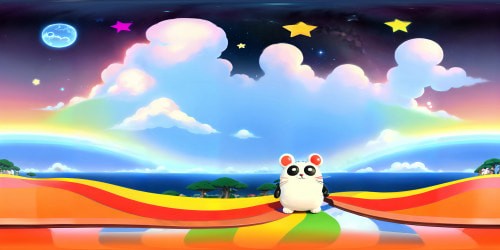 VR360 masterpiece, high-res quality, Pixar-style. Whimsical clouds molded into animal shapes, candy-coated stars casting light. Rainbow roads, gently undulating. Foreground pops with playful elements, boosting VR360 cuteness. Vibrant hues, crystal clear imagery.