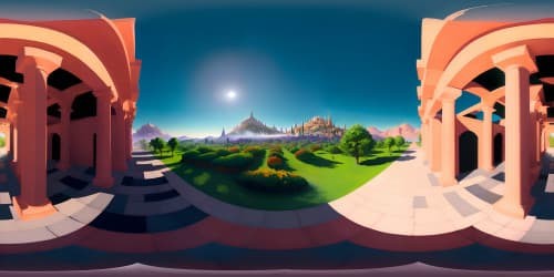 VR360 view, The School at Athens - architecture only. Radiant light casting dramatic shadows, VR360 perspective. Inspired by traditional tapestry, oil-painted quality. Features - grapes, cornucopia. Ultra high resolution, pristine quality.